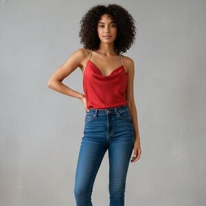 Red satin top with rhinestone strap